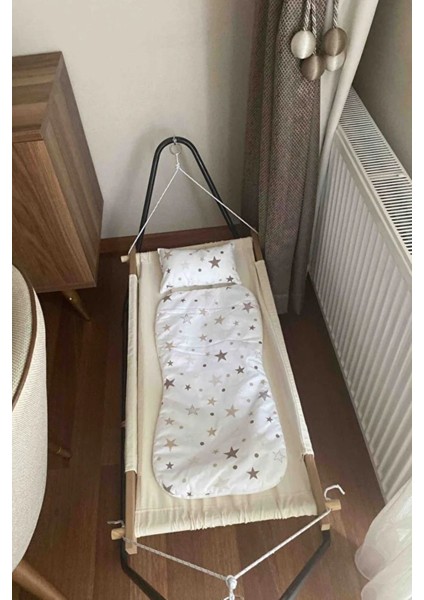 Ahşap Bebek Beşik Seti, Bej Renkli, Portatif Tasarım, 0-18 kg Taşıma Kapasitesi, Minder ve Yastık Dahil