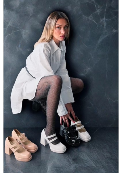 Kadın Elegant Ayakkabı Rugan Çift Cırtlı Platform Topuklu Ayakkabı Tasarım Abiye Ayakkabı indirimleri