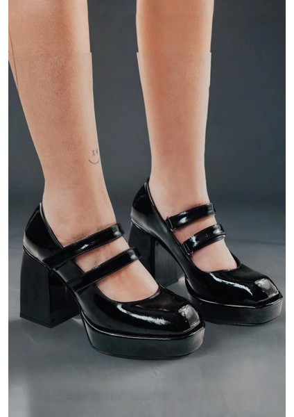 Kadın Elegant Ayakkabı Rugan Çift Cırtlı Platform Topuklu Ayakkabı Tasarım Abiye Ayakkabı