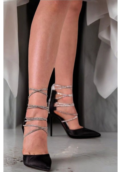 Kadın Elegant Ayakkabı Taşlı Biyeli Ince Topuklu Ayakkabı Stiletto Tasarım Abiye Ayakkabıı