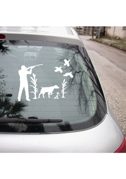 Kuşları Avlayan Avcı Köpeği ile Birlikte Araç Için Sticker 35CM - Beyaz
