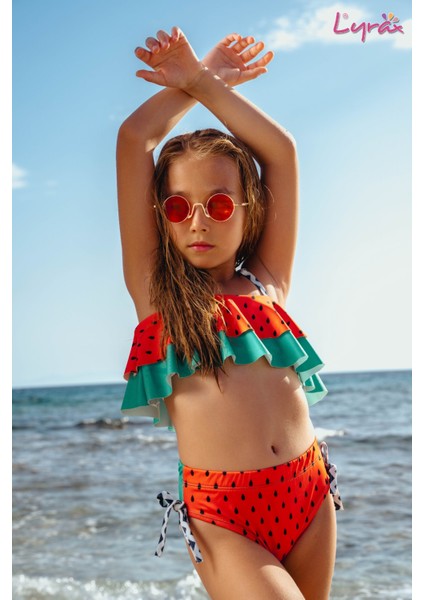Kız Çocuk Renkli Üstü Çift Katmanlı Mayo ,bikini 2 Li Takım