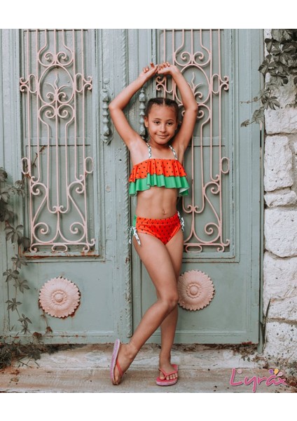 Kız Çocuk Renkli Üstü Çift Katmanlı Mayo ,bikini 2 Li Takım