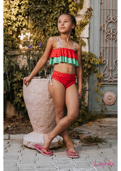 Kız Çocuk Renkli Üstü Çift Katmanlı Mayo ,bikini 2 Li Takım