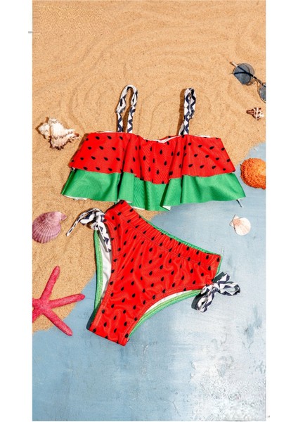 Kız Çocuk Renkli Üstü Çift Katmanlı Mayo ,bikini 2 Li Takım