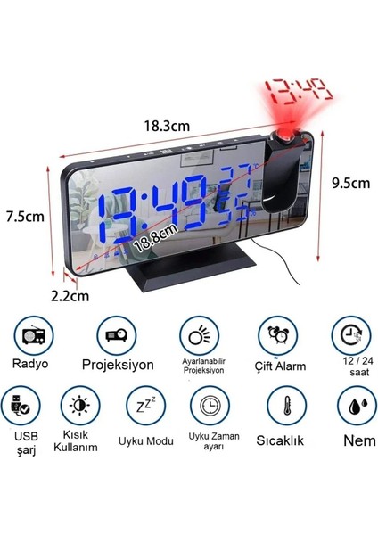 Çok Fonksiyonlu Masaüstü Ayna Saat Fm Radyo Alarm Projeksiyon Sıcaklık Nem Ölçer USB Özellik modelleri