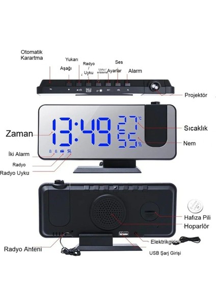 Çok Fonksiyonlu Masaüstü Ayna Saat Fm Radyo Alarm Projeksiyon Sıcaklık Nem Ölçer USB Özellik fırsatları