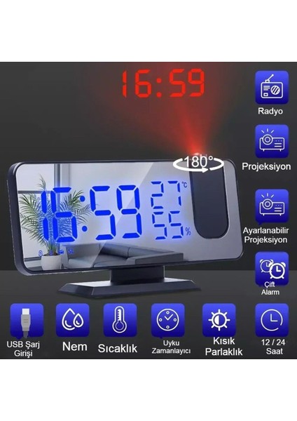 Çok Fonksiyonlu Masaüstü Ayna Saat Fm Radyo Alarm Projeksiyon Sıcaklık Nem Ölçer USB Özellik indirimleri
