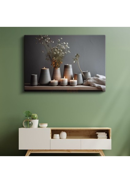 Minimalist Seramik Kompozisyon - Kurutulmuş Çiçekler ve Mumlar Kanvas Tablo