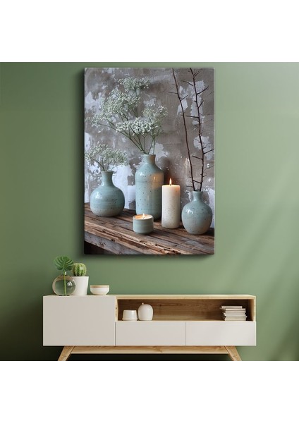Minimalist Vazolar - Beyaz Çiçekler ve Mumlarla Dekoratif Kanvas Tablo