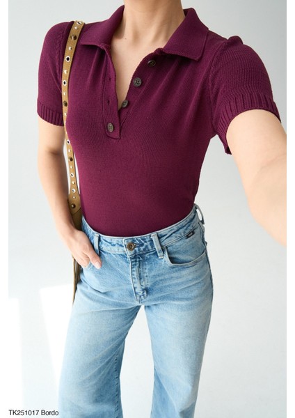 Düğmeli İnce Triko Kısa Kol Bluz