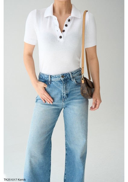 Düğmeli İnce Triko Kısa Kol Bluz