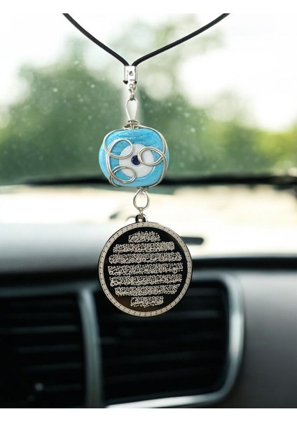 Mavi Sarma Dana Gözlü Siyah Çelik Çift Taraflı Ayetel Kürsi / Felak Nas Ihlas Araba Dikiz Ayna Süsü indirimleri