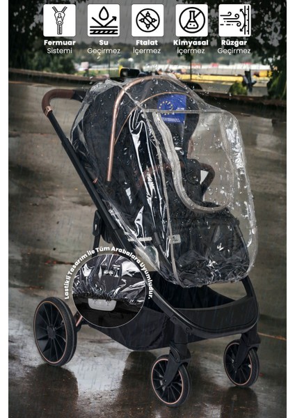 Bebek Arabası Yağmurluğu - Beyaz Şeffaf Fermuarlı Yağmurluk