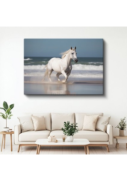 Sahilde Koşan Beyaz At - Özgürlüğün Zarif Dansı Kanvas Tablo