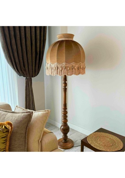 Vizon Renk Kadife Lambader Kahve Ahşap Ayak Vintage 50 x 170 cm LM01298