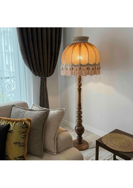 Vizon Renk Kadife Lambader Kahve Ahşap Ayak Vintage 50 x 170 cm LM01298