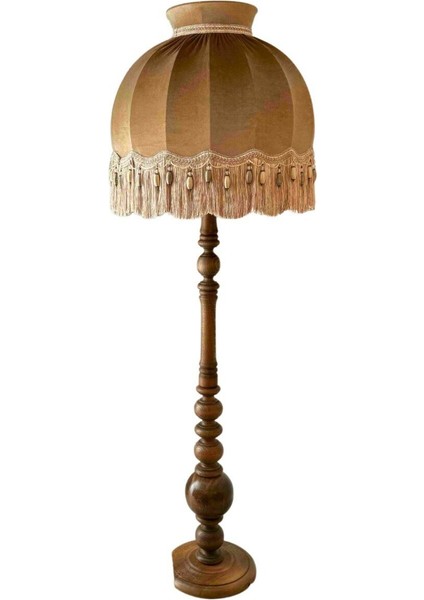 Vizon Renk Kadife Lambader Kahve Ahşap Ayak Vintage 50 x 170 cm LM01298