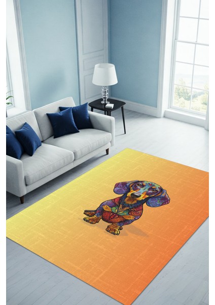 Köpek Desenli Soyut Halı Hayvan Figürlü Halı Sarı Renkli Dijital Baskılı Dokuma Kaymaz Tabanlı Çocuk Odası Halısı