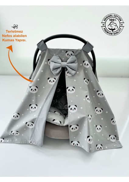 Gri Panda Tasarım Puset Örtüsü ve Puset Minderi 2'li Set