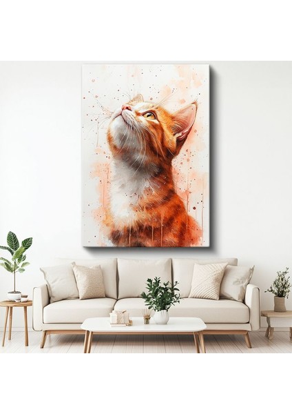 Kızıl Kedi - Suluboya Efektli Yukarı Bakan Portre Kanvas Tablo
