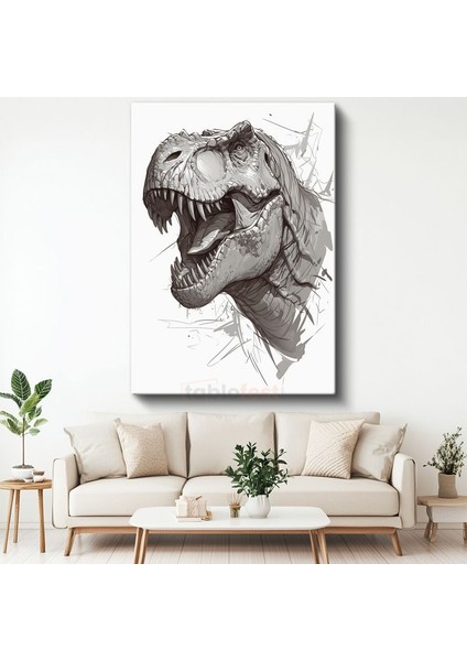 T-Rex Portresi - Gri Tonlarında Keskin Dişli Dinozor Kanvas Tablo