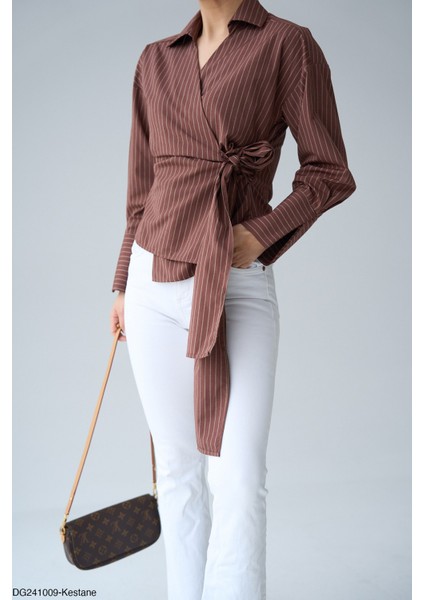 Yandan Bağlamalı Kahve-Kestane Çizgili Gömlek