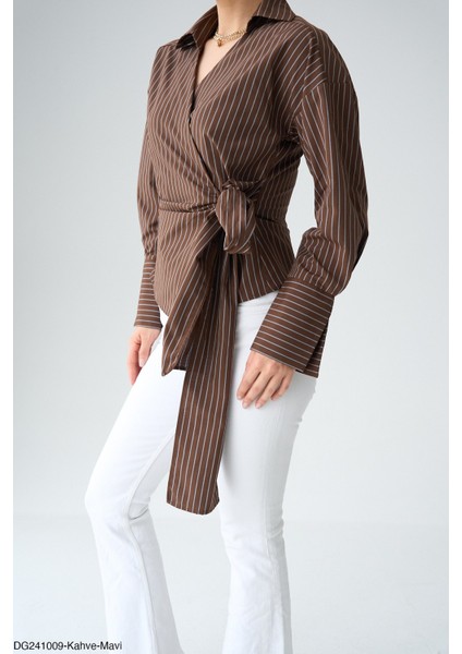 Yandan Bağlamalı Kahve-Kestane Çizgili Gömlek fiyatları