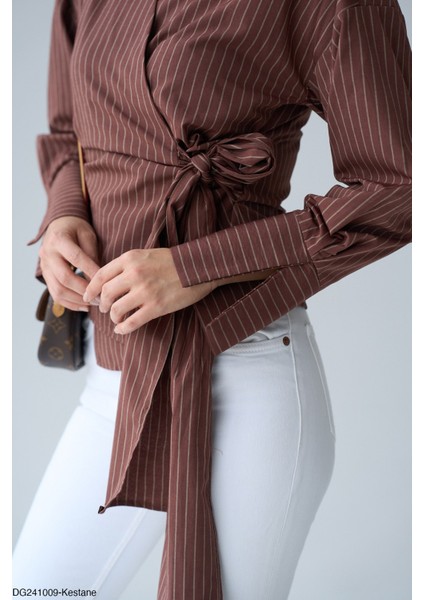 Yandan Bağlamalı Kahve-Kestane Çizgili Gömlek modelleri