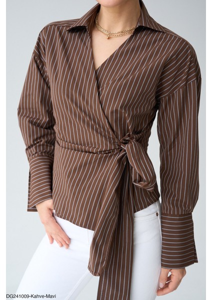 Yandan Bağlamalı Kahve-Kestane Çizgili Gömlek fırsatları