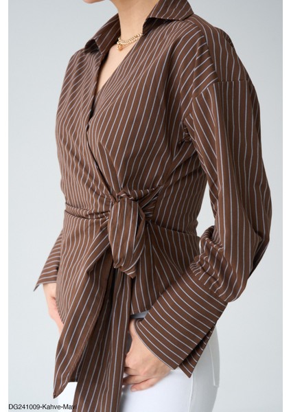 Yandan Bağlamalı Kahve-Kestane Çizgili Gömlek indirimleri