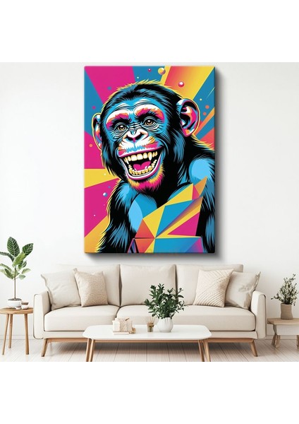 Pop Art Şempanze - Renkli Geometrik Desenli Gülümseme Kanas Tablo