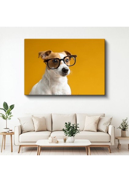 Zeki Köpek Portresi - Sarı Zeminde Gözlüklü Dost Kanvas Tablo
