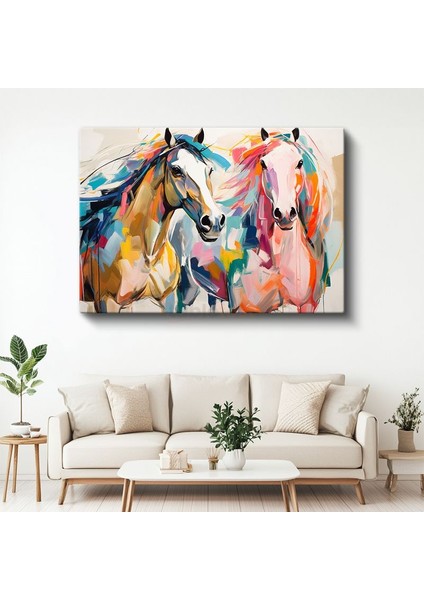 Renkli Atlar - Modern Sanat Esintili Canlı Fırça Darbeleri Kanvas Tablo