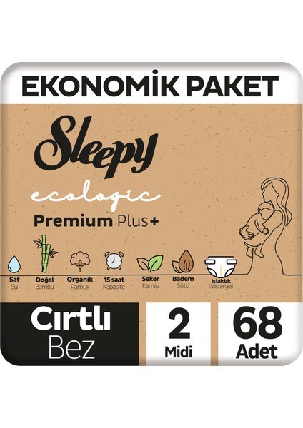 Ecologic Premium Plus Ekonomik Paket Bebek Bezi 2 Numara Mini 68 Adet