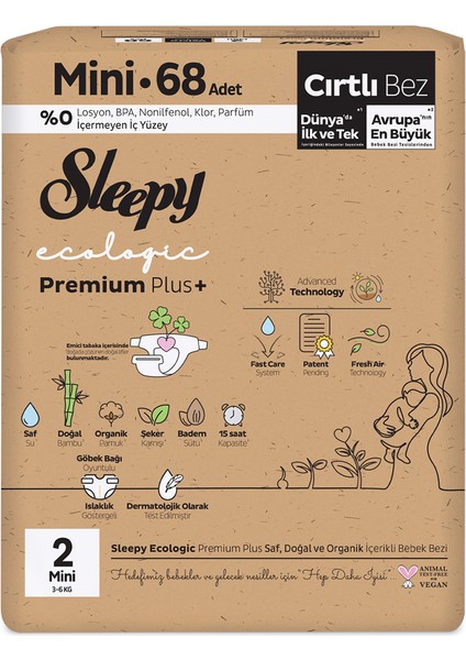 Ecologic Premium Plus Ekonomik Paket Bebek Bezi 2 Numara Mini 68 Adet