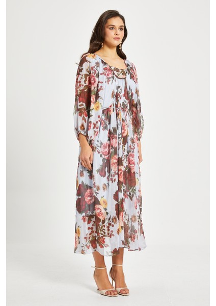 Kadın Çiçek Desenli Aplikeli Elbise – Uzun Kol, Kemerli, Astarlı