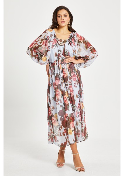Kadın Çiçek Desenli Aplikeli Elbise – Uzun Kol, Kemerli, Astarlı fiyatları
