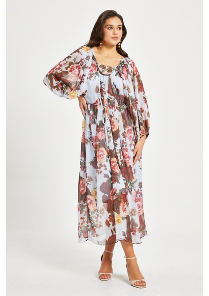 Kadın Çiçek Desenli Aplikeli Elbise – Uzun Kol, Kemerli, Astarlı modelleri