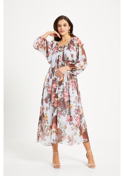 Kadın Çiçek Desenli Aplikeli Elbise – Uzun Kol, Kemerli, Astarlı fırsatları