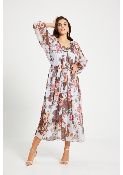 Kadın Çiçek Desenli Aplikeli Elbise – Uzun Kol, Kemerli, Astarlı indirimleri