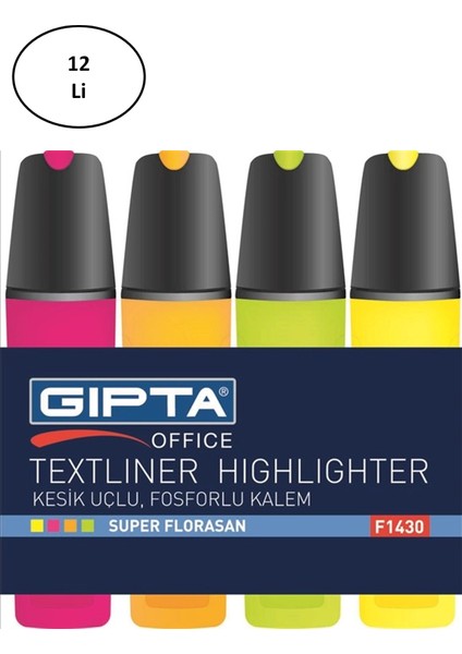 Gıpta Fosforlu Kalem 5mm Kesik Uç Mavi 12'li