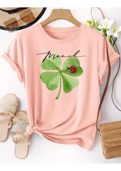 Punıx Kıds Özel Tasarım Uğur Böcekli Yonca Baskılı Yeni Stil Kız Çocuk Ter Tutmayan Yazlık T-Shırt