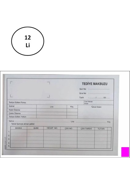 Tediye Makbuzu 14X20 cm A5 Otokopili 2 Nüsha 50 Asıl 50 Suret 12'li