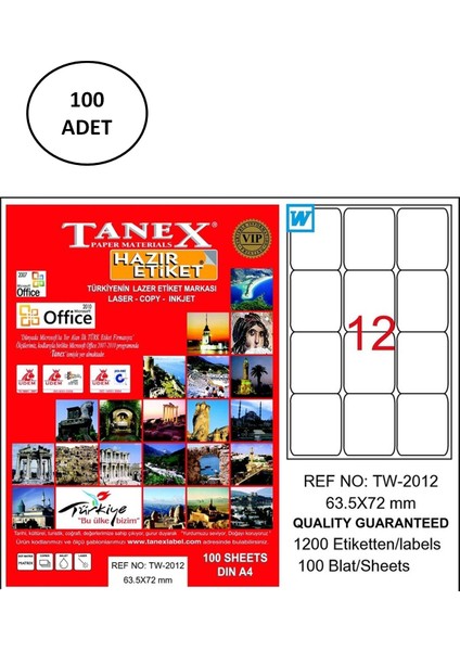 Tanex TW-2012 Lazer Etiket 63X72 mm 100 Adet