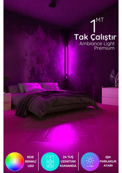 LED Lambader ,renk Rgb Animasyon Uzaktan Kumandalı Yapışkanlı Dupurple