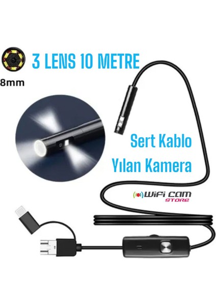 Yılan Kamera 3 Lens 10 Metre Sert Kablo