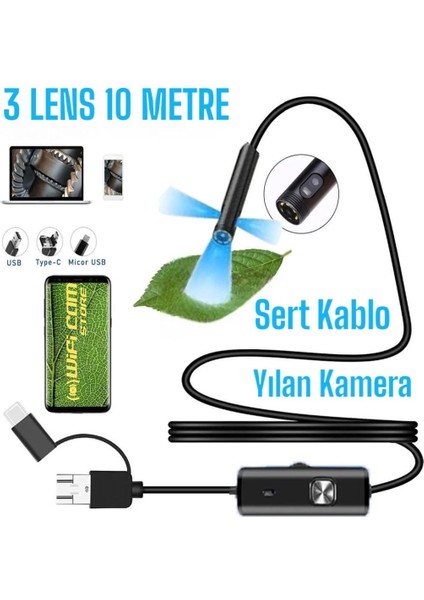 Yılan Kamera 3 Lens 10 Metre Sert Kablo