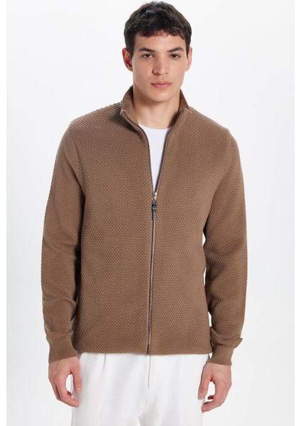Erkek Slim Fit Dar Kesim Desenli Yarım Balıkçı Yaka Fermuarlı Kahve Hırka