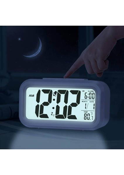 Beyaz LCD Ekran Dijital Pilli Işıklı Alarmlı Termometreli Masaüstü Çalar Saat